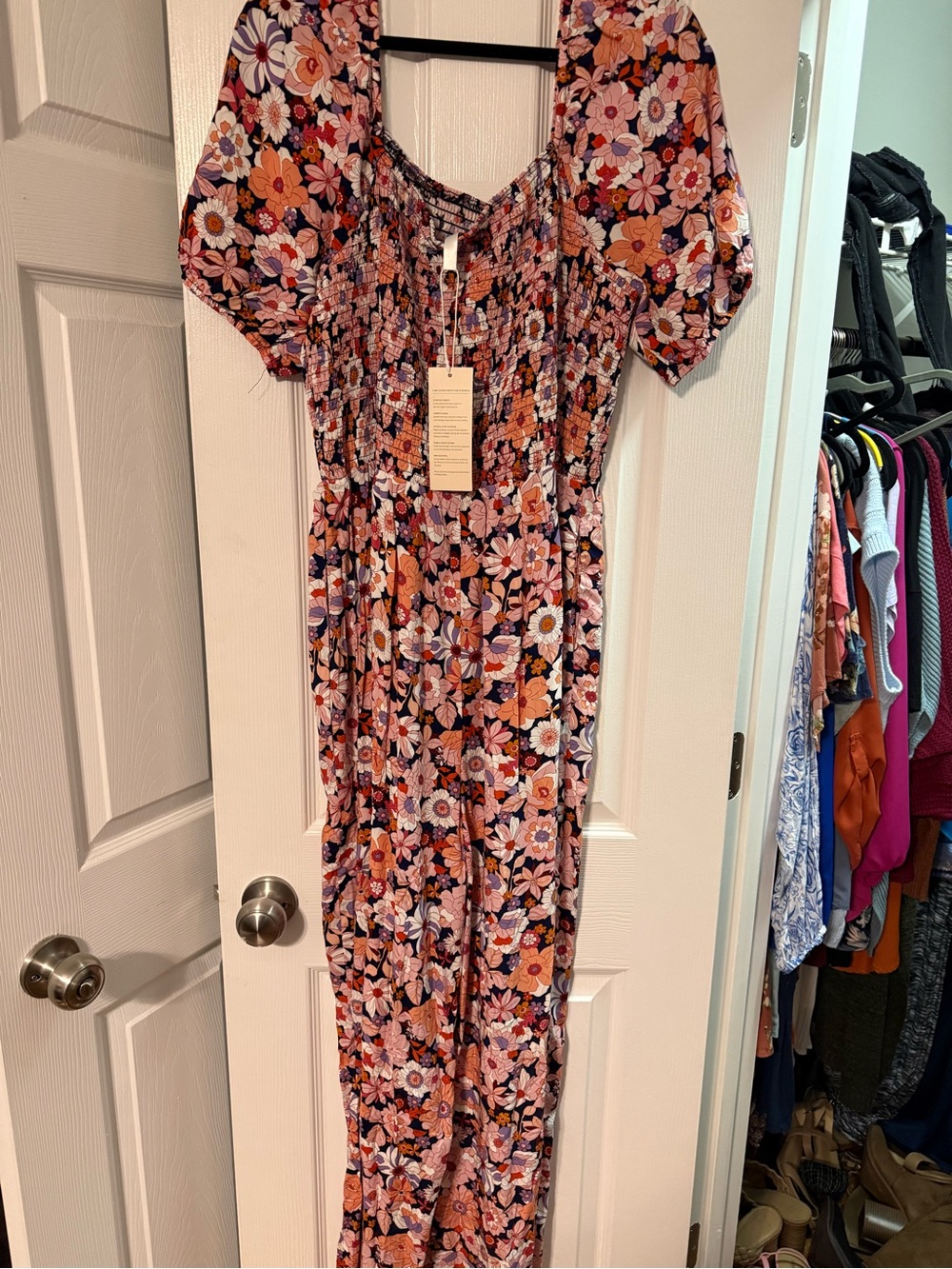 Source Unknown Floral Puff-Sleeve Jumpsuit - Orange, Pink, White, Navy